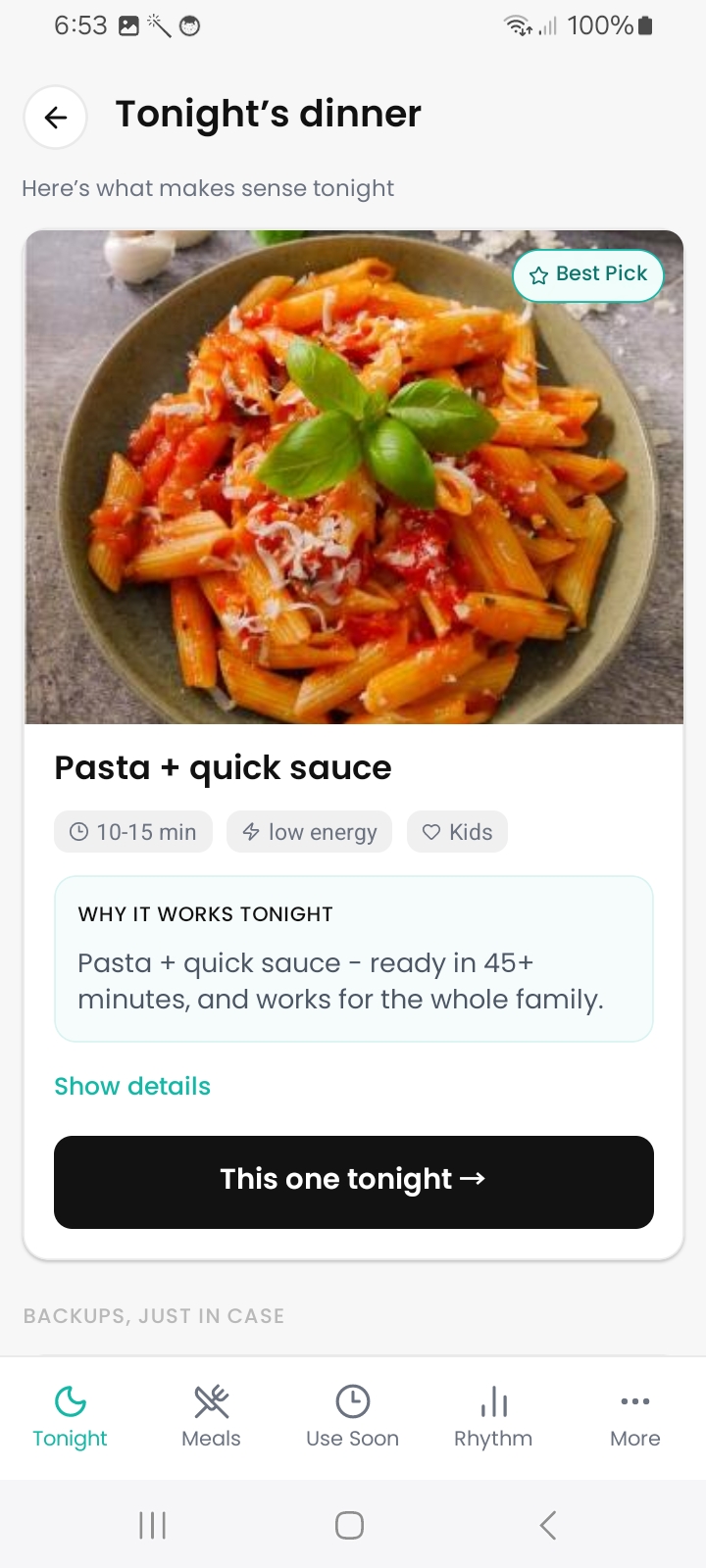 Tonightful's dinner pick — Pasta + quick sauce, best pick for tonight